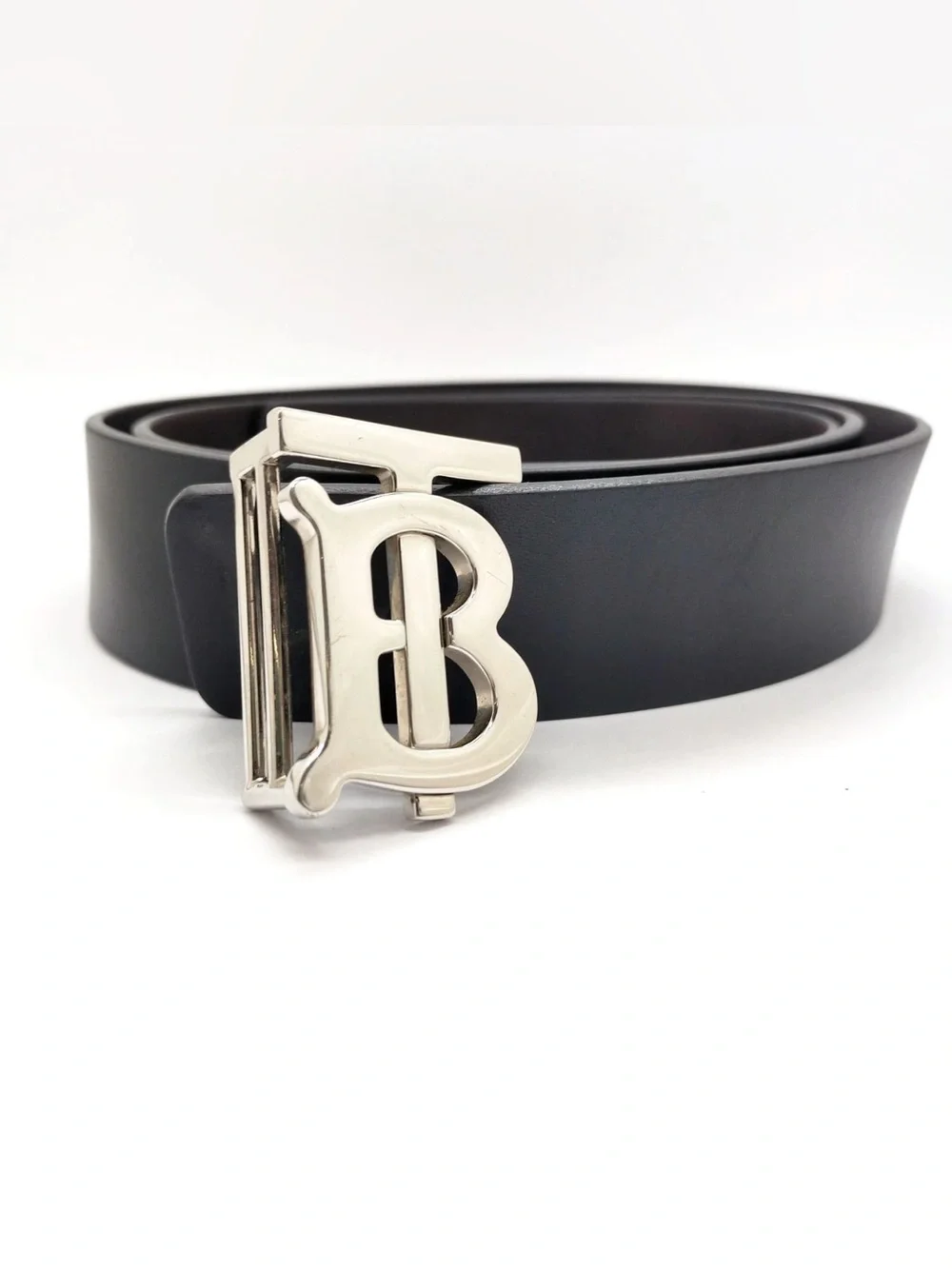 Auth Burberry 'TB' Logo Leather Black Belt